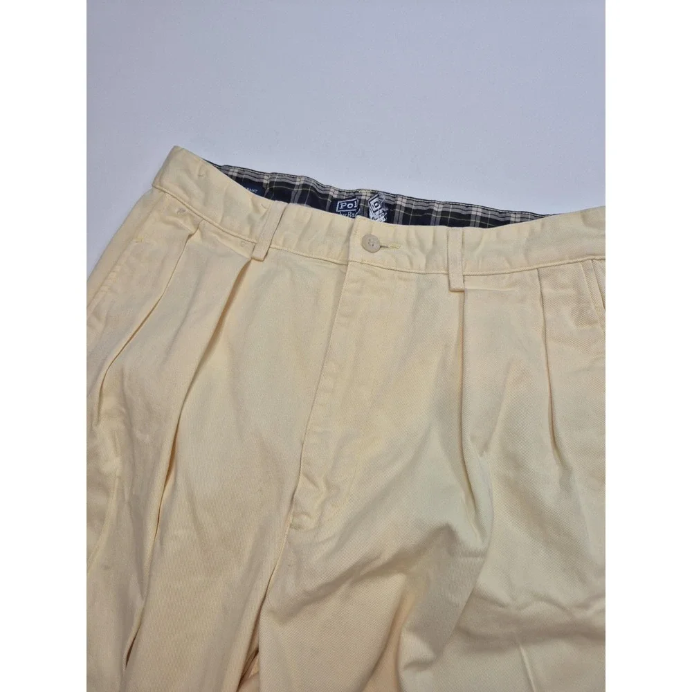 Polo Ralph Lauren Classic Golf Pants Mens 34x28 Yellow Pleated Chino USA FLAW